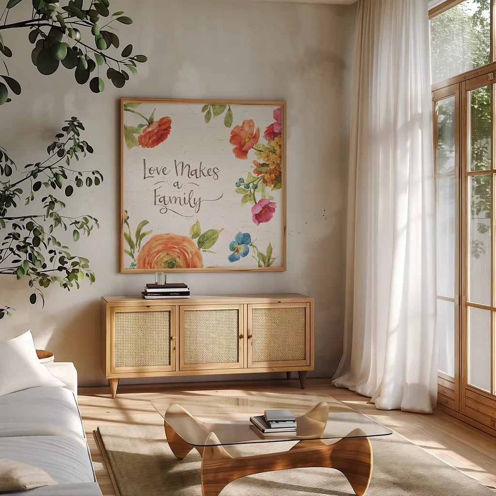 Country Fresh XIII by Lisa Audit. Shown in a natural wood frame in a cozy modern living room. Available as an archival giclee rolled canvas, fine art paper, or poster print. SKU 42090a.