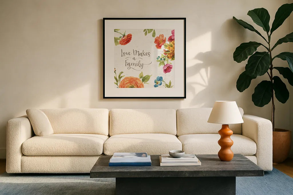 Country Fresh XIII by Lisa Audit. Displayed in a glass frame with matte in a clean modern living room. Available as an archival giclee rolled canvas, fine art paper, or poster print. SKU 42090a.