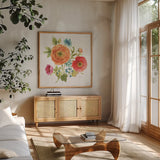Country Fresh XIV by Lisa Audit. Shown in a natural wood frame in a cozy modern living room. Available as an archival giclee rolled canvas, fine art paper, or poster print. SKU 42091a.