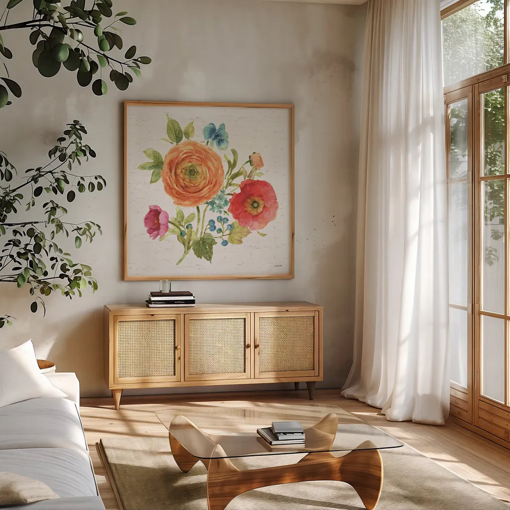 Country Fresh XIV by Lisa Audit. Shown in a natural wood frame in a cozy modern living room. Available as an archival giclee rolled canvas, fine art paper, or poster print. SKU 42091a.