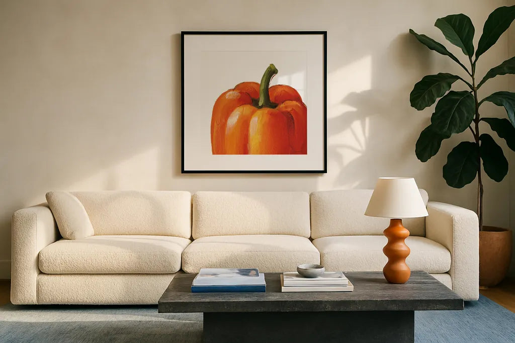 Crunchy on White by Lisa Audit. Displayed in a glass frame with matte in a clean modern living room. Available as an archival giclee rolled canvas, fine art paper, or poster print. SKU 68124a.