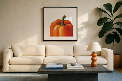 Crunchy on White by Lisa Audit. Displayed in a glass frame with matte in a clean modern living room. Available as an archival giclee rolled canvas, fine art paper, or poster print. SKU 68124a.