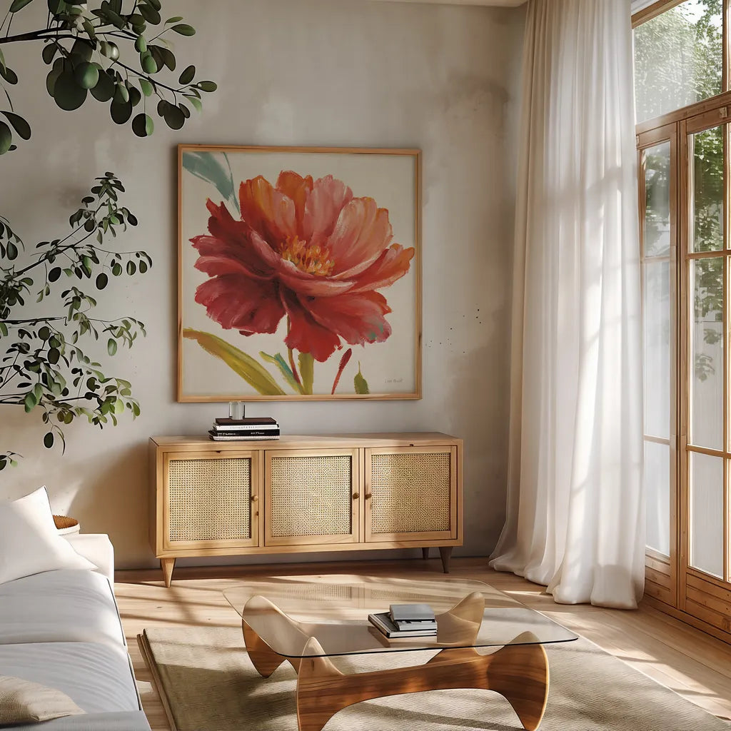 Dancing Colors I by Lisa Audit. Shown in a natural wood frame in a cozy modern living room. Available as an archival giclee rolled canvas, fine art paper, or poster print. SKU 2975a.