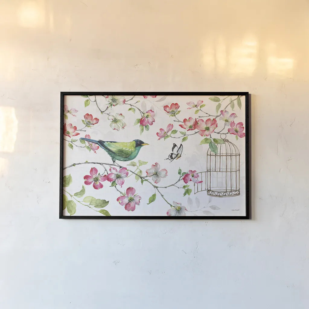 Dogwood Garden I by Lisa Audit. shown as a paper print in a black flame. Available as a archival giclee rolled canvas, fine art paper, or poster print. SKU 34763i.