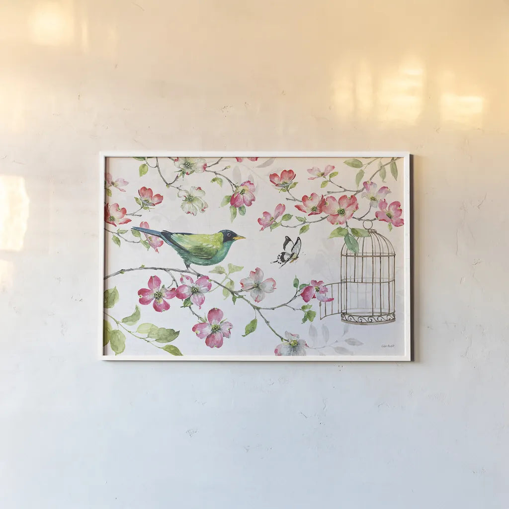 Dogwood Garden I by Lisa Audit. shown as a paper print in a white frame. Available as a archival giclee rolled canvas, fine art paper, or poster print. SKU 34763i.