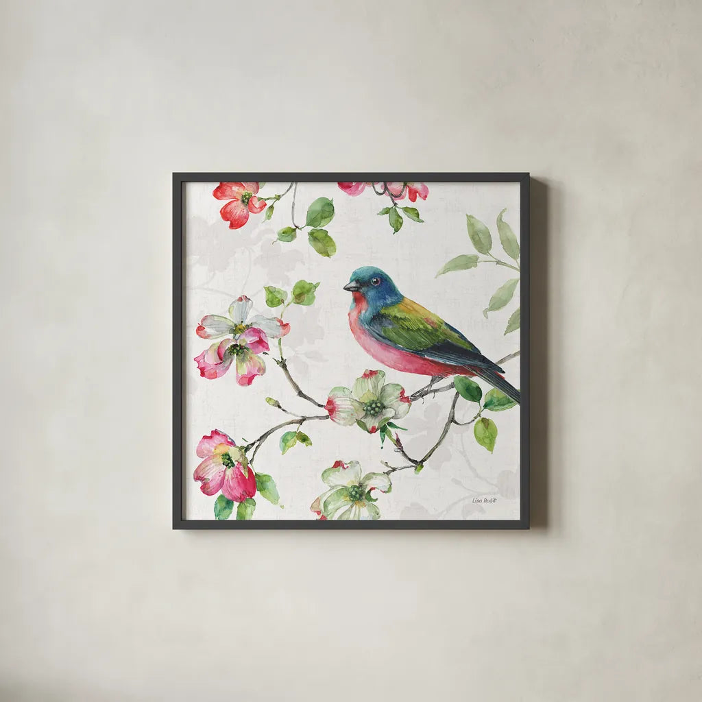 Dogwood Garden III by Lisa Audit. Shown in a sleek black glass frame for a contemporary gallery look. Available as an archival giclee rolled canvas, fine art paper, or poster print. SKU 34765a.