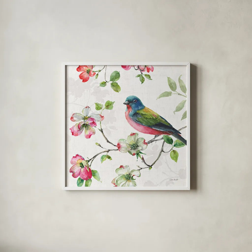 Dogwood Garden III by Lisa Audit. Shown in a crisp white glass frame for a clean and minimalist style. Available as an archival giclee rolled canvas, fine art paper, or poster print. SKU 34765a.