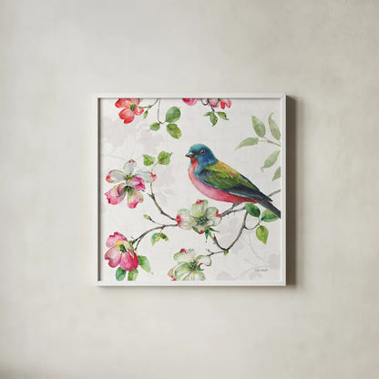 Dogwood Garden III by Lisa Audit. Shown in a crisp white glass frame for a clean and minimalist style. Available as an archival giclee rolled canvas, fine art paper, or poster print. SKU 34765a.