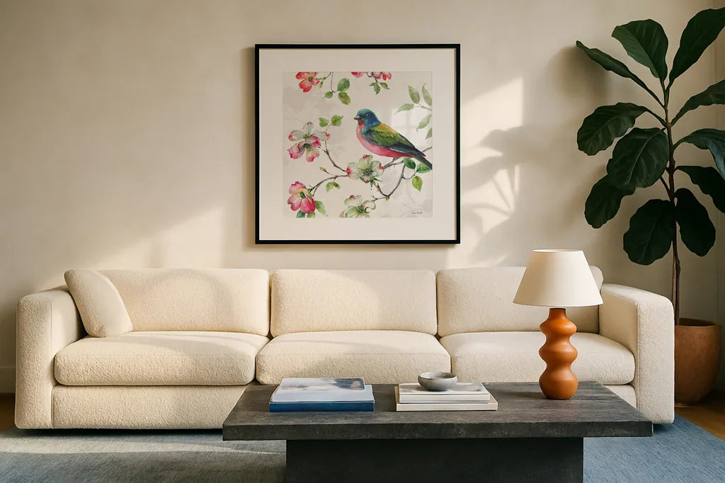 Dogwood Garden III by Lisa Audit. Displayed in a glass frame with matte in a clean modern living room. Available as an archival giclee rolled canvas, fine art paper, or poster print. SKU 34765a.