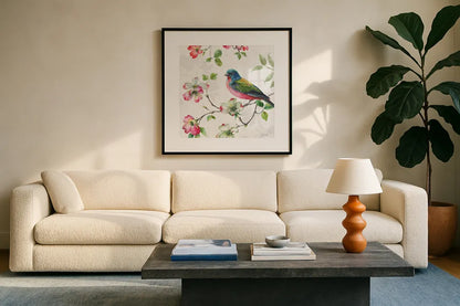 Dogwood Garden III by Lisa Audit. Displayed in a glass frame with matte in a clean modern living room. Available as an archival giclee rolled canvas, fine art paper, or poster print. SKU 34765a.