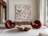 Dogwood Garden IV by Lisa Audit. Shown as extra-large giant wall art in a modern living room. Available as an archival giclee rolled canvas, fine art paper, or poster print. SKU 34766a.
