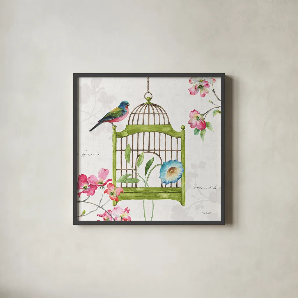 Dogwood Garden V by Lisa Audit. Shown in a sleek black glass frame for a contemporary gallery look. Available as an archival giclee rolled canvas, fine art paper, or poster print. SKU 34767a.