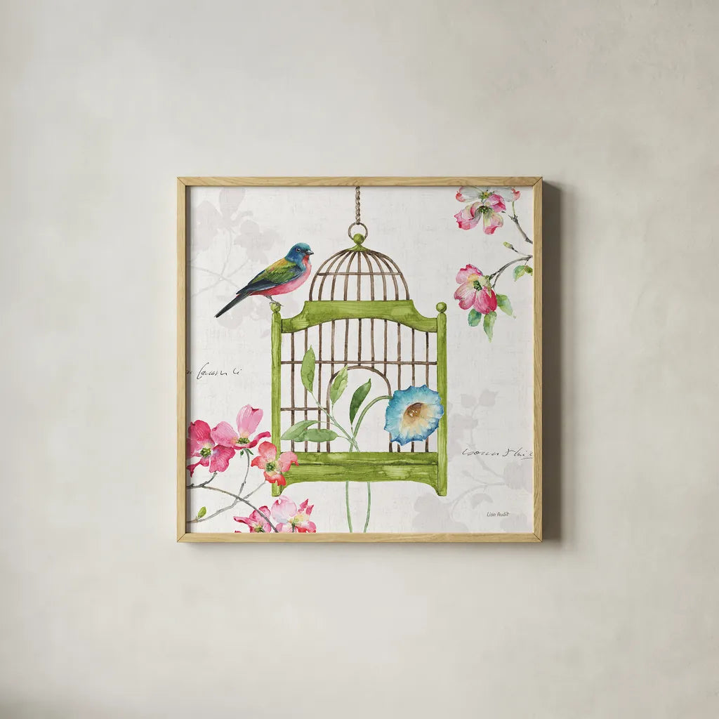 Dogwood Garden V by Lisa Audit. Shown in a natural wood glass frame for a timeless modern aesthetic. Available as an archival giclee rolled canvas, fine art paper, or poster print. SKU 34767a.