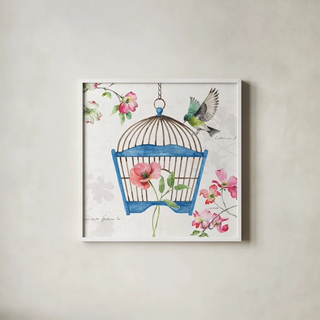 Dogwood Garden VIII by Lisa Audit. Shown in a crisp white glass frame for a clean and minimalist style. Available as an archival giclee rolled canvas, fine art paper, or poster print. SKU 34770a.