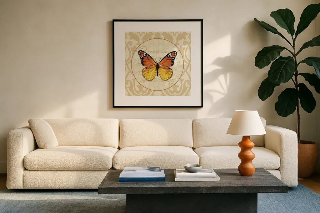 End of Summer IV by Lisa Audit. Displayed in a glass frame with matte in a clean modern living room. Available as an archival giclee rolled canvas, fine art paper, or poster print. SKU 9071a.