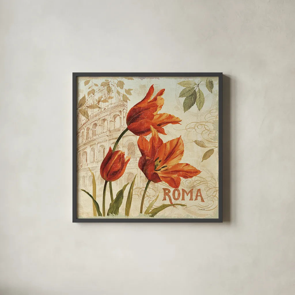 European Flowers I by Lisa Audit. Shown in a sleek black glass frame for a contemporary gallery look. Available as an archival giclee rolled canvas, fine art paper, or poster print. SKU 11699a.
