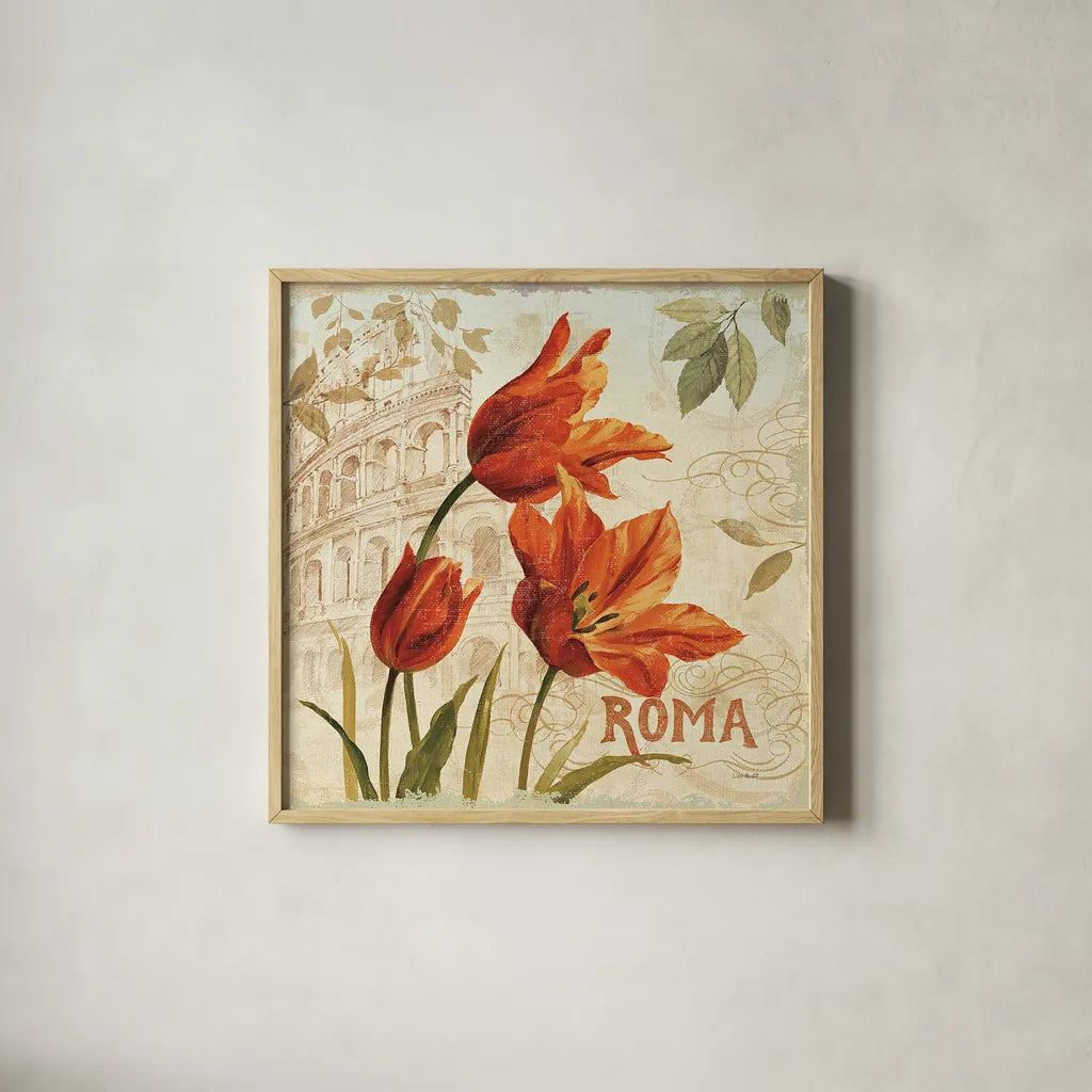European Flowers I by Lisa Audit. Shown in a natural wood glass frame for a timeless modern aesthetic. Available as an archival giclee rolled canvas, fine art paper, or poster print. SKU 11699a.