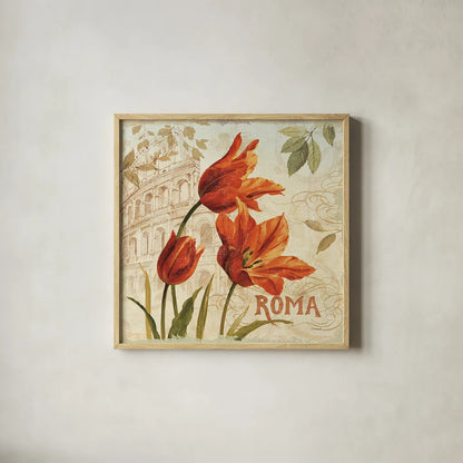 European Flowers I by Lisa Audit. Shown in a natural wood glass frame for a timeless modern aesthetic. Available as an archival giclee rolled canvas, fine art paper, or poster print. SKU 11699a.