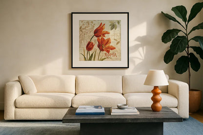 European Flowers I by Lisa Audit. Displayed in a glass frame with matte in a clean modern living room. Available as an archival giclee rolled canvas, fine art paper, or poster print. SKU 11699a.