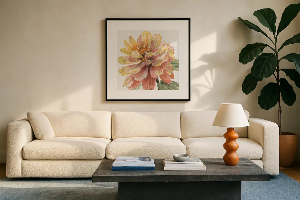 Fall Meadow VIII by Lisa Audit. Displayed in a glass frame with matte in a clean modern living room. Available as an archival giclee rolled canvas, fine art paper, or poster print. SKU 55393a.