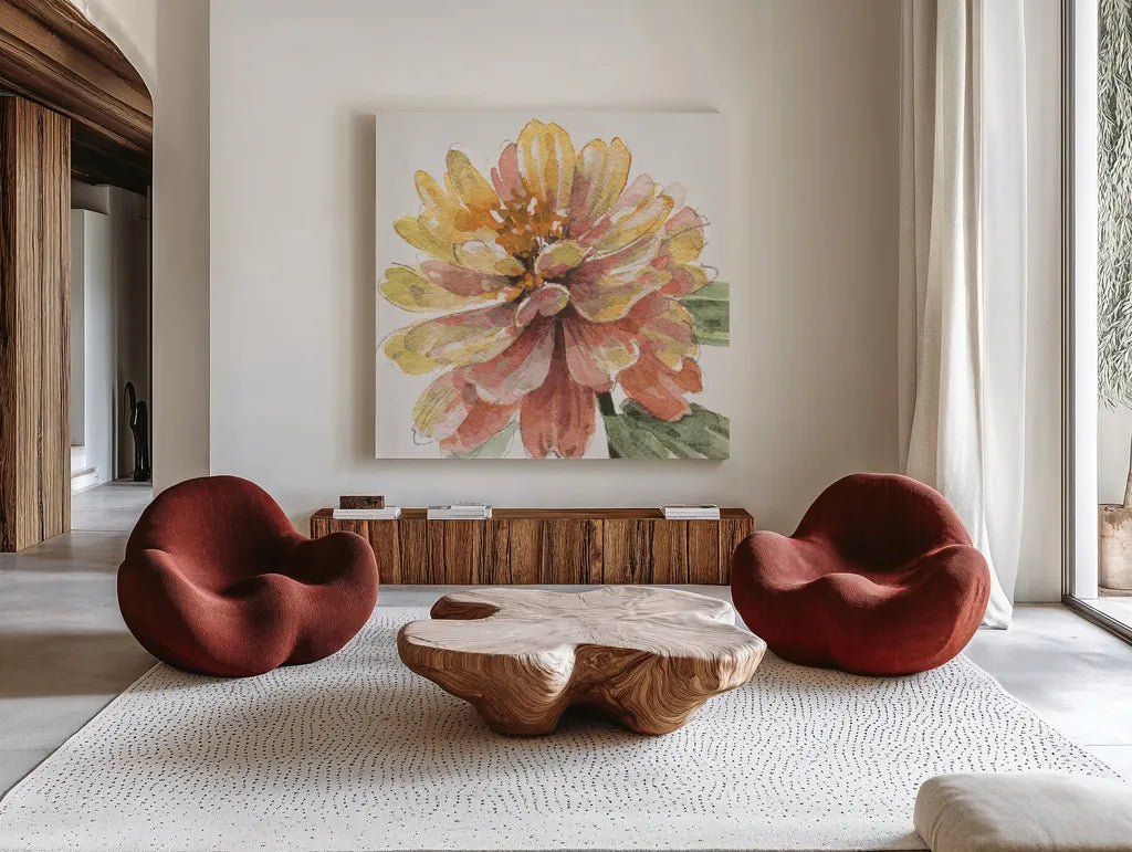 Fall Meadow VIII by Lisa Audit. Shown as extra-large giant wall art in a modern living room. Available as an archival giclee rolled canvas, fine art paper, or poster print. SKU 55393a.