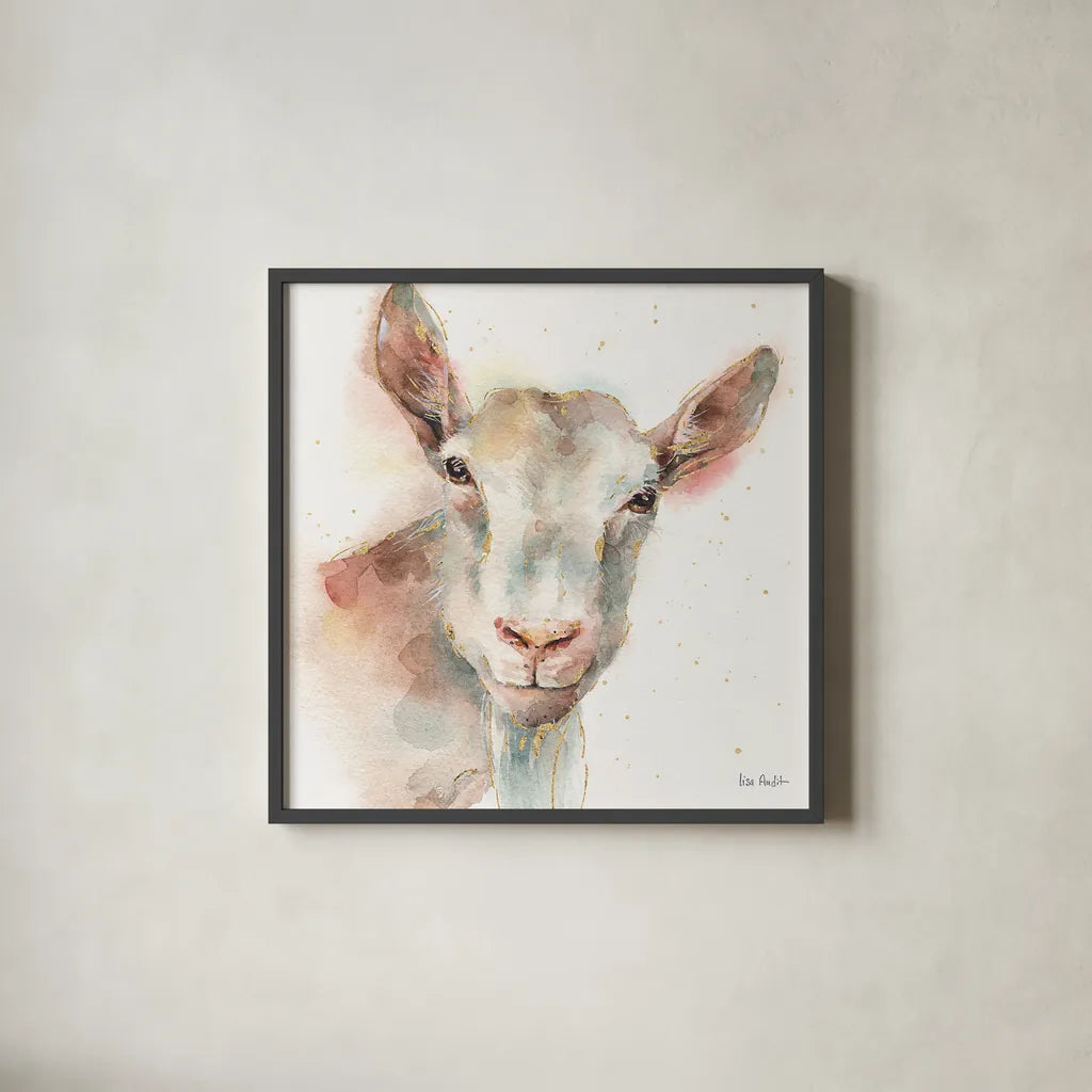 Farm Friends I by Lisa Audit. Shown in a sleek black glass frame for a contemporary gallery look. Available as an archival giclee rolled canvas, fine art paper, or poster print. SKU 26532a.