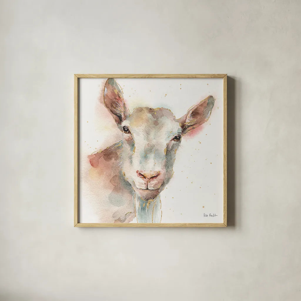 Farm Friends I by Lisa Audit. Shown in a natural wood glass frame for a timeless modern aesthetic. Available as an archival giclee rolled canvas, fine art paper, or poster print. SKU 26532a.