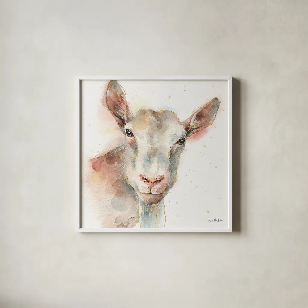 Farm Friends I by Lisa Audit. Shown in a crisp white glass frame for a clean and minimalist style. Available as an archival giclee rolled canvas, fine art paper, or poster print. SKU 26532a.