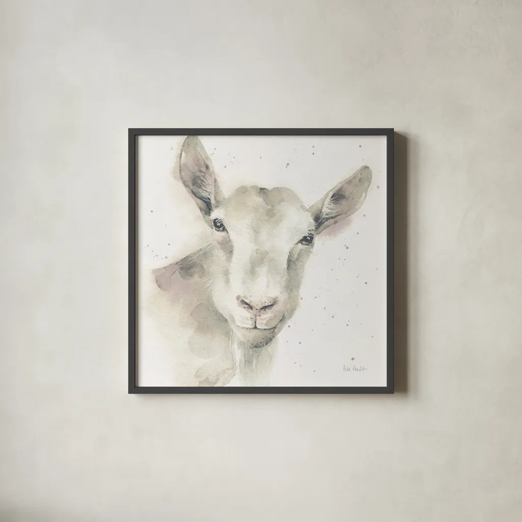 Farm Friends I Neutral by Lisa Audit. Shown in a sleek black glass frame for a contemporary gallery look. Available as an archival giclee rolled canvas, fine art paper, or poster print. SKU 39927a.