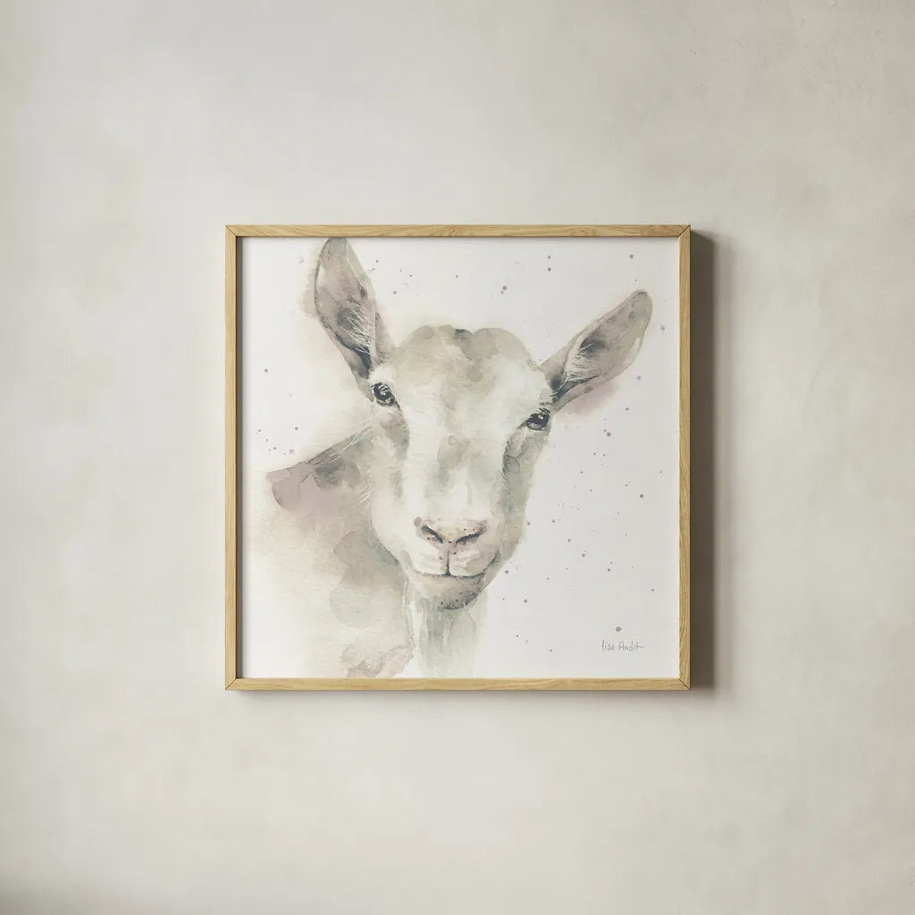 Farm Friends I Neutral by Lisa Audit. Shown in a natural wood glass frame for a timeless modern aesthetic. Available as an archival giclee rolled canvas, fine art paper, or poster print. SKU 39927a.