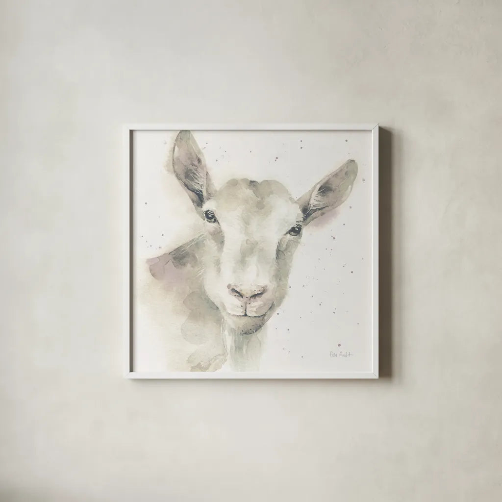 Farm Friends I Neutral by Lisa Audit. Shown in a crisp white glass frame for a clean and minimalist style. Available as an archival giclee rolled canvas, fine art paper, or poster print. SKU 39927a.