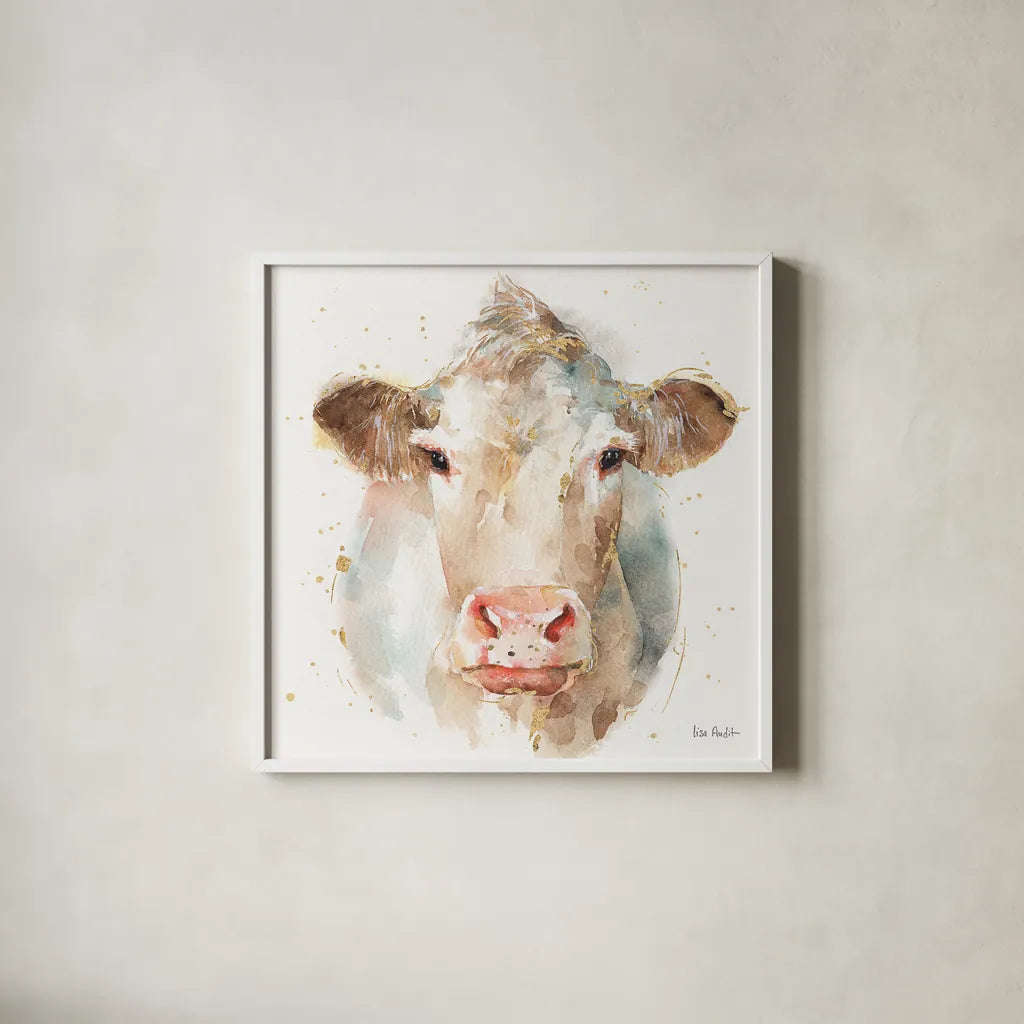 Farm Friends II by Lisa Audit. Shown in a crisp white glass frame for a clean and minimalist style. Available as an archival giclee rolled canvas, fine art paper, or poster print. SKU 26533a.
