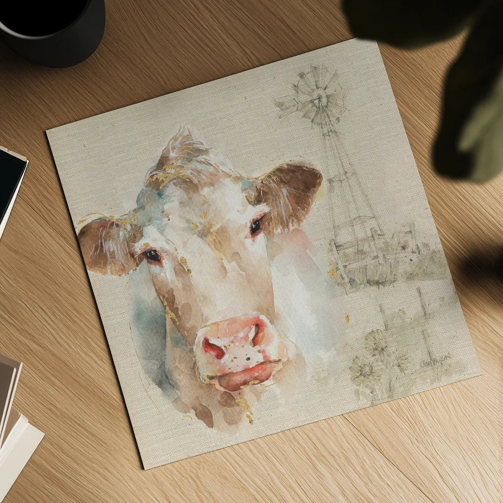 Farm Friends II on Burlap by Lisa Audit. Shown as a detailed flat fine art print, highlighting archival giclee quality. Available as an archival giclee rolled canvas, fine art paper, or poster print. SKU 101477a.
