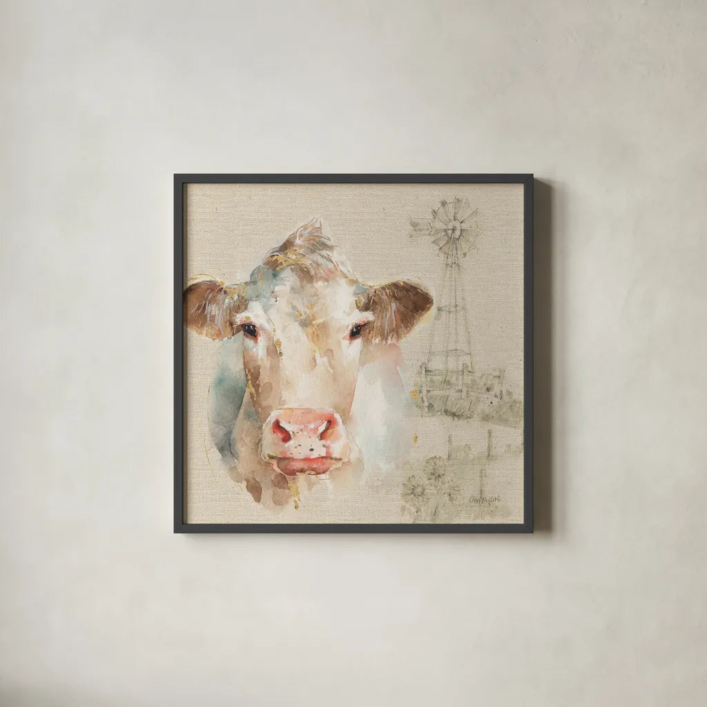 Farm Friends II on Burlap by Lisa Audit. Shown in a sleek black glass frame for a contemporary gallery look. Available as an archival giclee rolled canvas, fine art paper, or poster print. SKU 101477a.