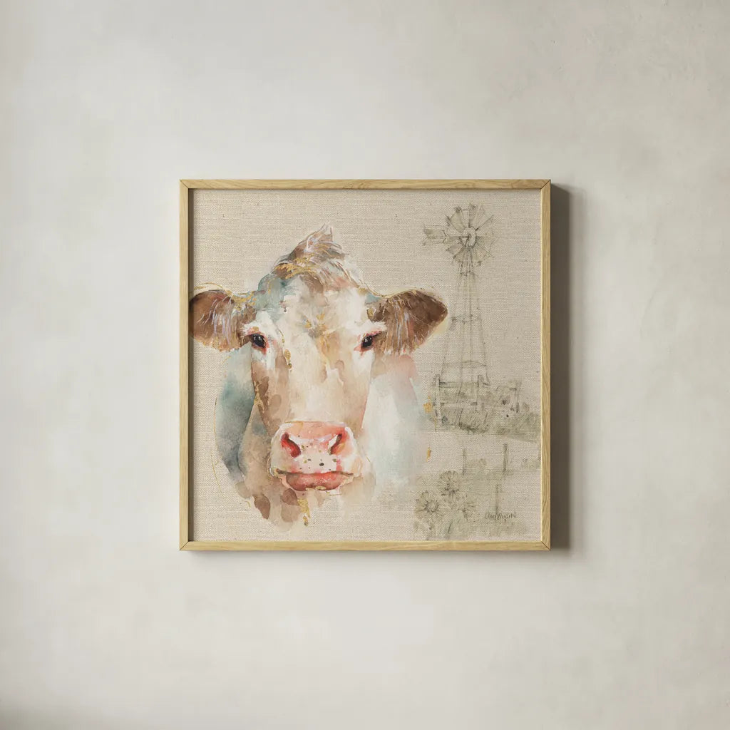 Farm Friends II on Burlap by Lisa Audit. Shown in a natural wood glass frame for a timeless modern aesthetic. Available as an archival giclee rolled canvas, fine art paper, or poster print. SKU 101477a.