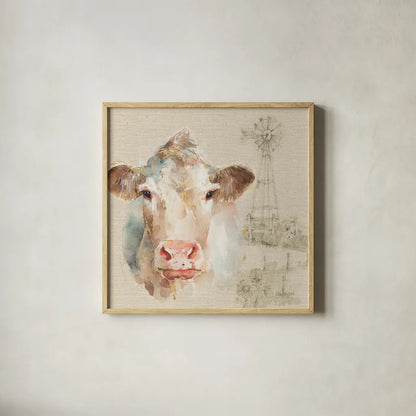 Farm Friends II on Burlap by Lisa Audit. Shown in a natural wood glass frame for a timeless modern aesthetic. Available as an archival giclee rolled canvas, fine art paper, or poster print. SKU 101477a.