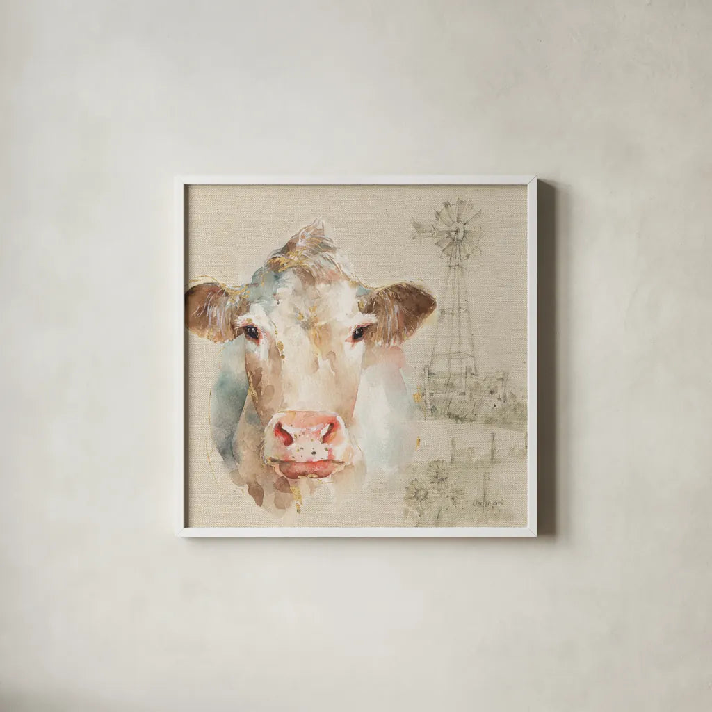 Farm Friends II on Burlap by Lisa Audit. Shown in a crisp white glass frame for a clean and minimalist style. Available as an archival giclee rolled canvas, fine art paper, or poster print. SKU 101477a.