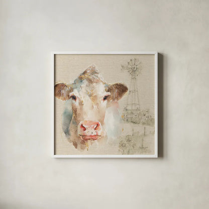 Farm Friends II on Burlap by Lisa Audit. Shown in a crisp white glass frame for a clean and minimalist style. Available as an archival giclee rolled canvas, fine art paper, or poster print. SKU 101477a.