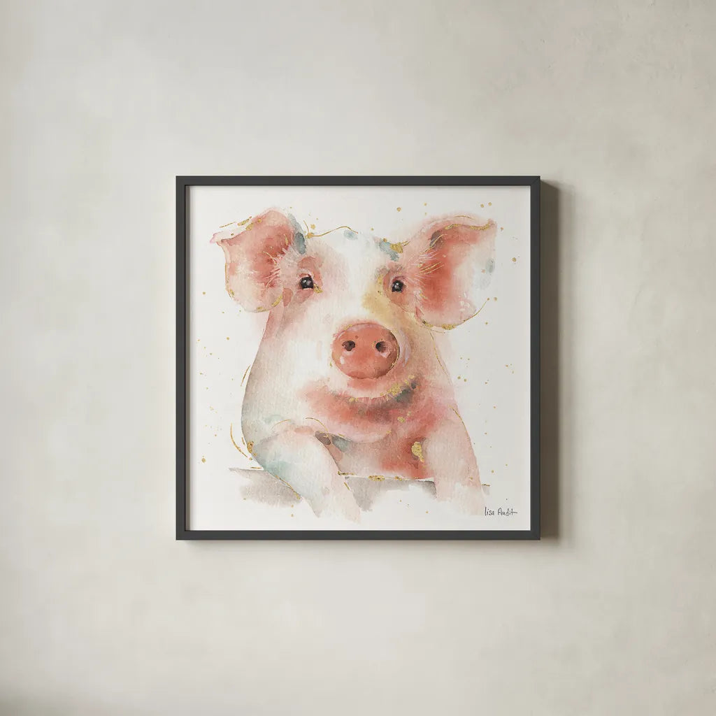 Farm Friends III by Lisa Audit. Shown in a sleek black glass frame for a contemporary gallery look. Available as an archival giclee rolled canvas, fine art paper, or poster print. SKU 26534a.