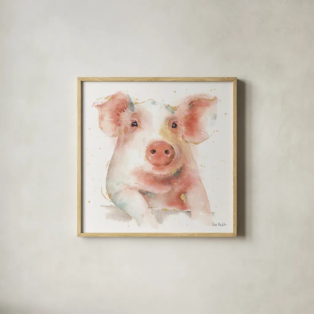 Farm Friends III by Lisa Audit. Shown in a natural wood glass frame for a timeless modern aesthetic. Available as an archival giclee rolled canvas, fine art paper, or poster print. SKU 26534a.