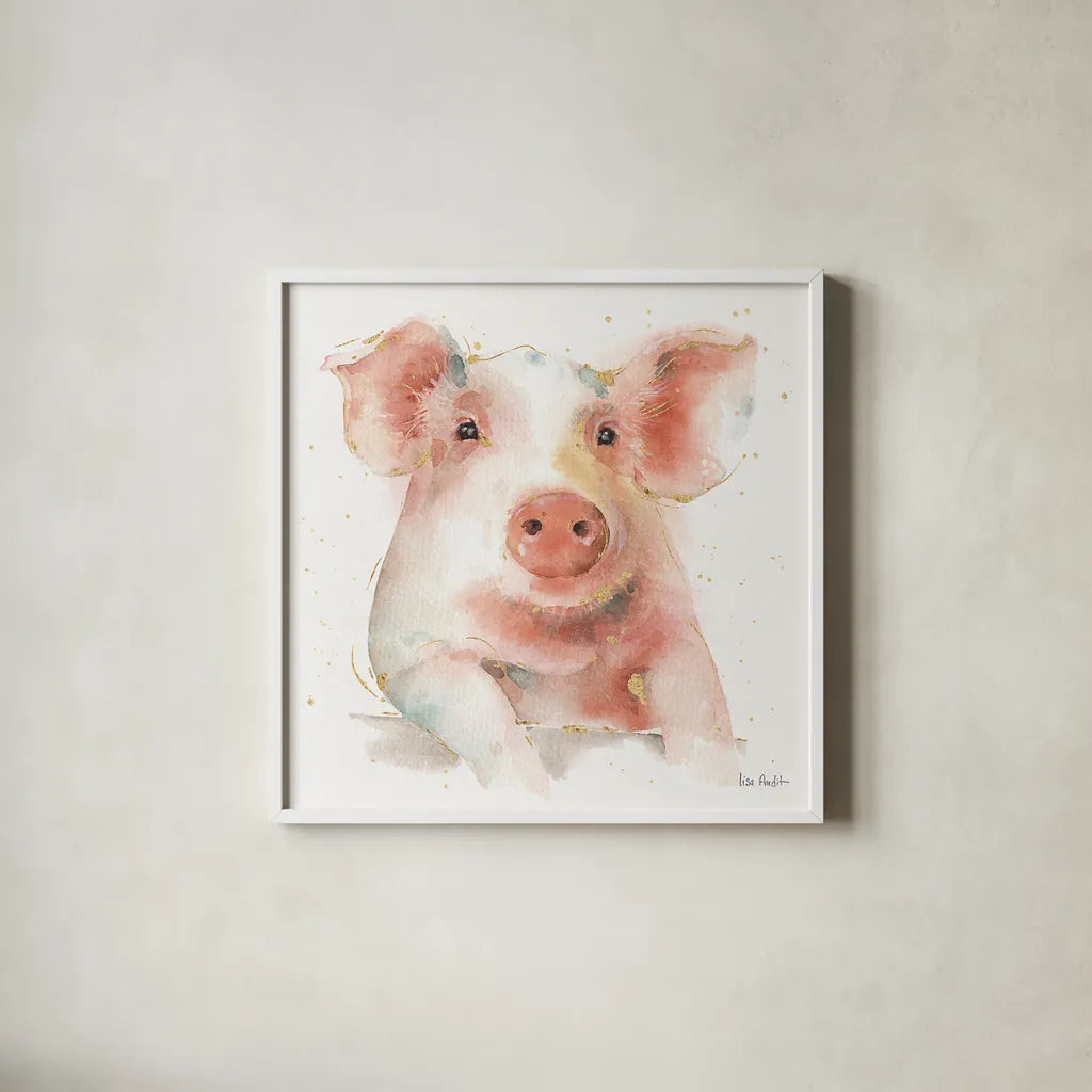 Farm Friends III by Lisa Audit. Shown in a crisp white glass frame for a clean and minimalist style. Available as an archival giclee rolled canvas, fine art paper, or poster print. SKU 26534a.