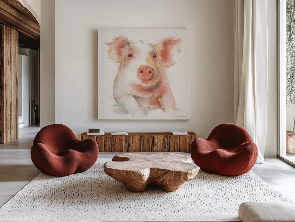 Farm Friends III by Lisa Audit. Shown as extra-large giant wall art in a modern living room. Available as an archival giclee rolled canvas, fine art paper, or poster print. SKU 26534a.