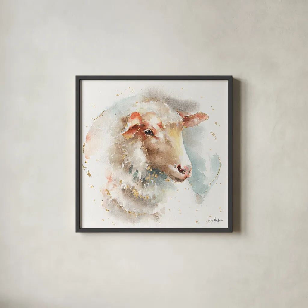 Farm Friends IV by Lisa Audit. Shown in a sleek black glass frame for a contemporary gallery look. Available as an archival giclee rolled canvas, fine art paper, or poster print. SKU 26535a.