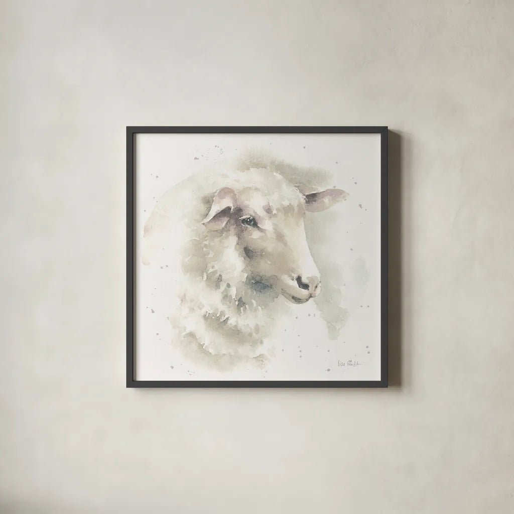 Farm Friends IV Neutral by Lisa Audit. Shown in a sleek black glass frame for a contemporary gallery look. Available as an archival giclee rolled canvas, fine art paper, or poster print. SKU 39929a.