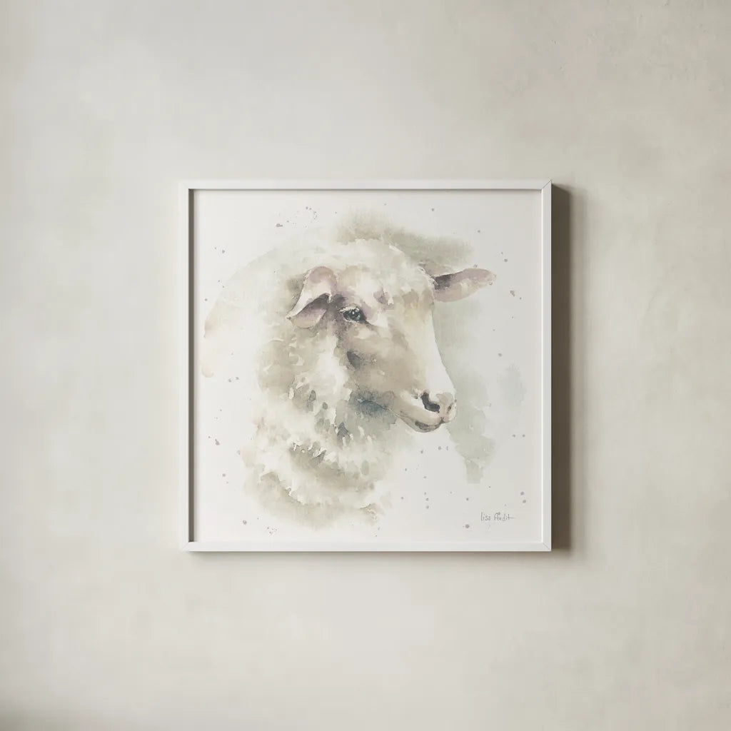 Farm Friends IV Neutral by Lisa Audit. Shown in a crisp white glass frame for a clean and minimalist style. Available as an archival giclee rolled canvas, fine art paper, or poster print. SKU 39929a.