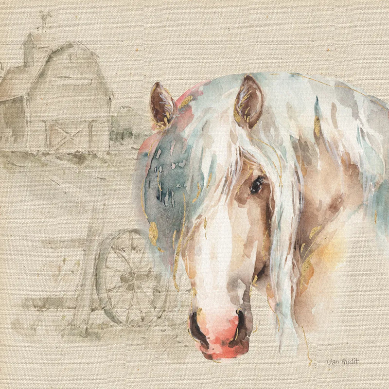 Farm Friends IV on Burlap by Lisa Audit. SKU 101478a. Archival Giclee Fine art print for wall decor.