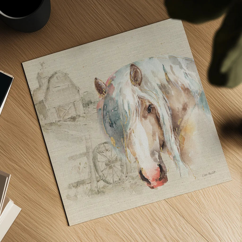 Farm Friends IV on Burlap by Lisa Audit. Shown as a detailed flat fine art print, highlighting archival giclee quality. Available as an archival giclee rolled canvas, fine art paper, or poster print. SKU 101478a.