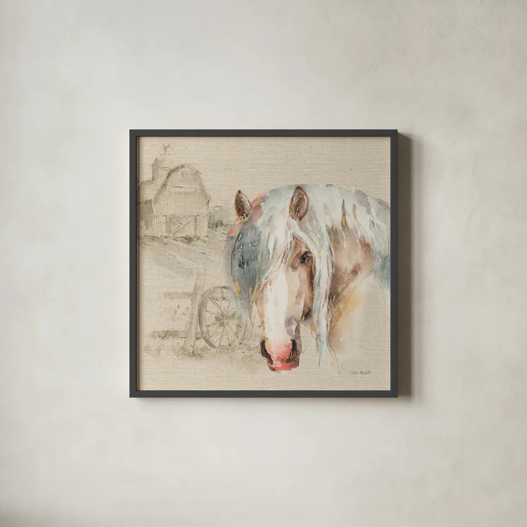 Farm Friends IV on Burlap by Lisa Audit. Shown in a sleek black glass frame for a contemporary gallery look. Available as an archival giclee rolled canvas, fine art paper, or poster print. SKU 101478a.