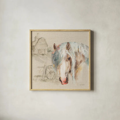 Farm Friends IV on Burlap by Lisa Audit. Shown in a natural wood glass frame for a timeless modern aesthetic. Available as an archival giclee rolled canvas, fine art paper, or poster print. SKU 101478a.