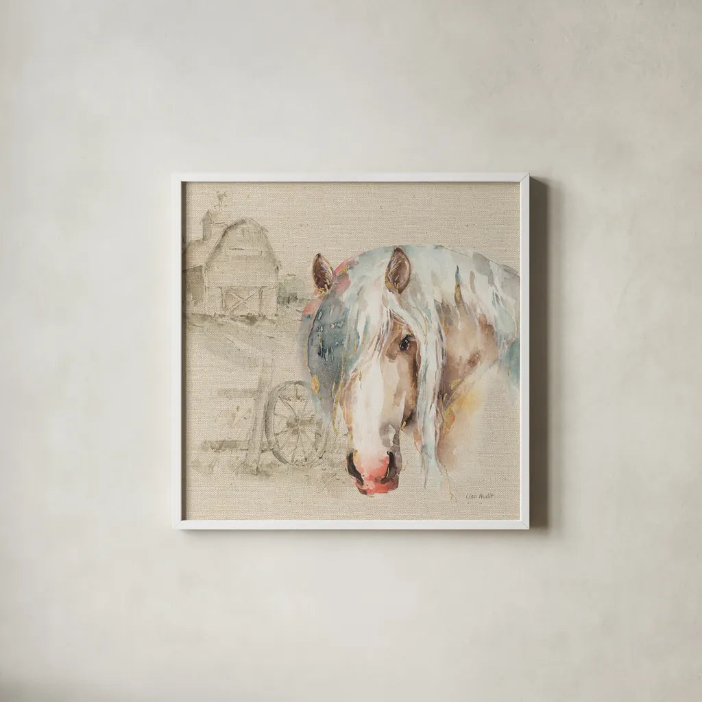 Farm Friends IV on Burlap by Lisa Audit. Shown in a crisp white glass frame for a clean and minimalist style. Available as an archival giclee rolled canvas, fine art paper, or poster print. SKU 101478a.